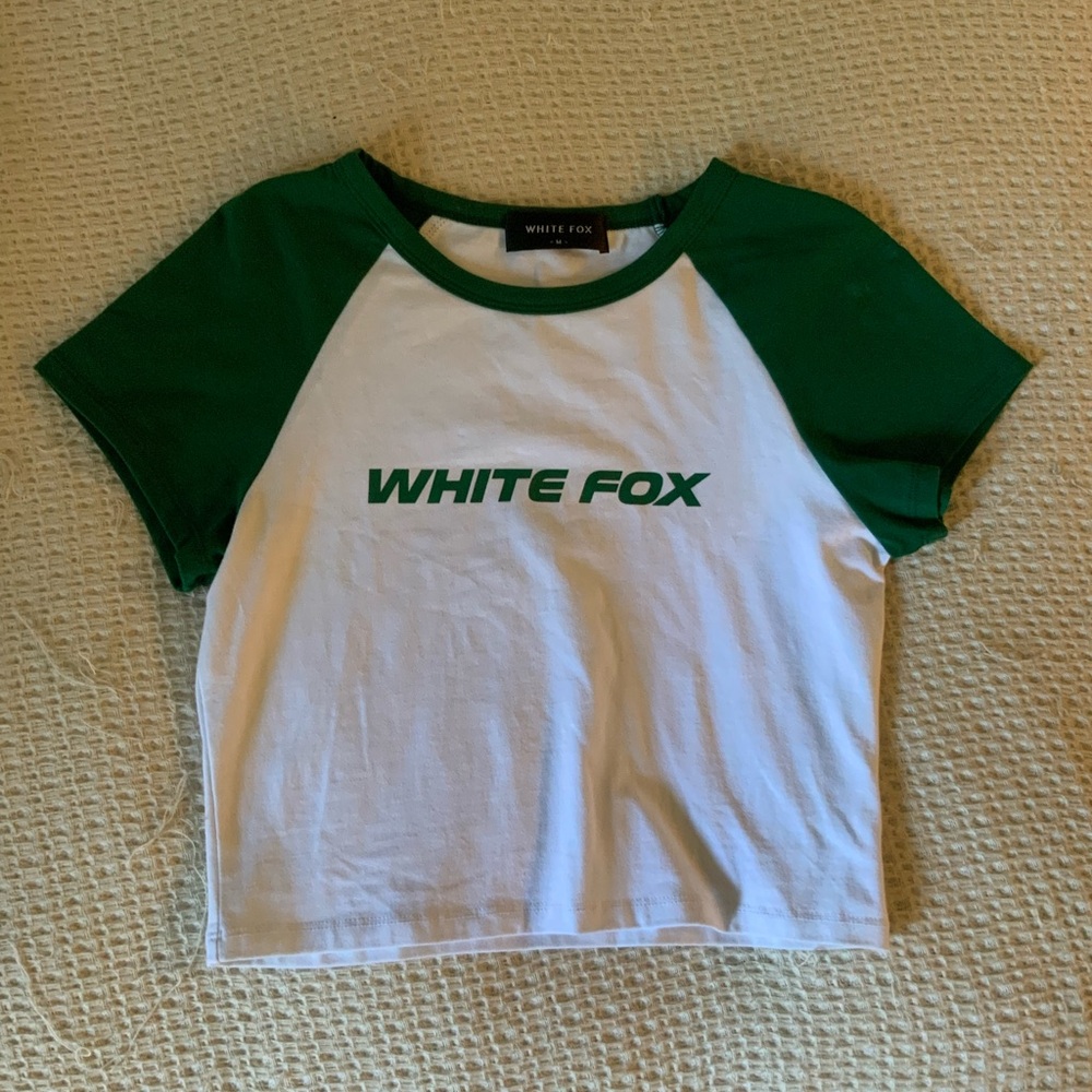 White Fox Green White Logo Baseball Baby Tee Crop Top Size Tshirt Lounge Medium